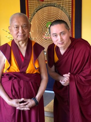 Geshe Tenzin Zopa with Lama Zopa Rinpoche, Bendigo, Australia, April 2018. Photo by Ven. Roger Kunsang.