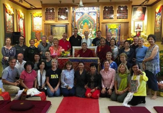 H.E. Ling Rinpoche with volunteers and organizers at Hayagriva Buddhist Center, Perth, Western Australia, March 2018. Photo courtesy of Ven. Tenzin Khentse.