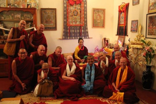 Pre-Ordination Course students with Khadro-la (Rangjung Neljorma Khandro Namsel Drönme) at Tushita Meditation Centre, Dharamsala, India, March 2017. Photo courtesy of Tushita Meditation Centre's Facebook page.