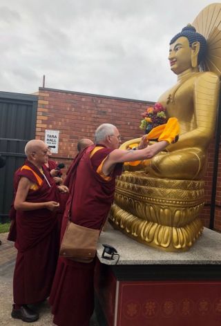Lama Zopa Rinpoche and Ven. Roger Kunsang and Ven. Thubten Tendar and Ven. Lobsang Sherab offering a khata to new Buddha statue at Buddha House May 17 2018 photo by Carole Migalka