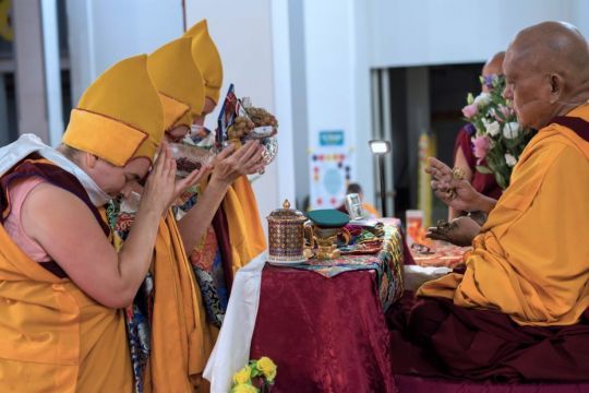 Lama Zopa Rinpoche presiding over tsog, Great Stupa of Universal Compassion, Bendigo, Australia, April 2018. Photo by Veb. Lobsang Sherab.