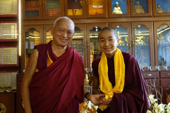Lama Zopa Rinpoche with the reincarnation of Domo Geshe Rinpoche at Sera Je Monastery Dec 17 2015 by Ven. Roger Kunsang