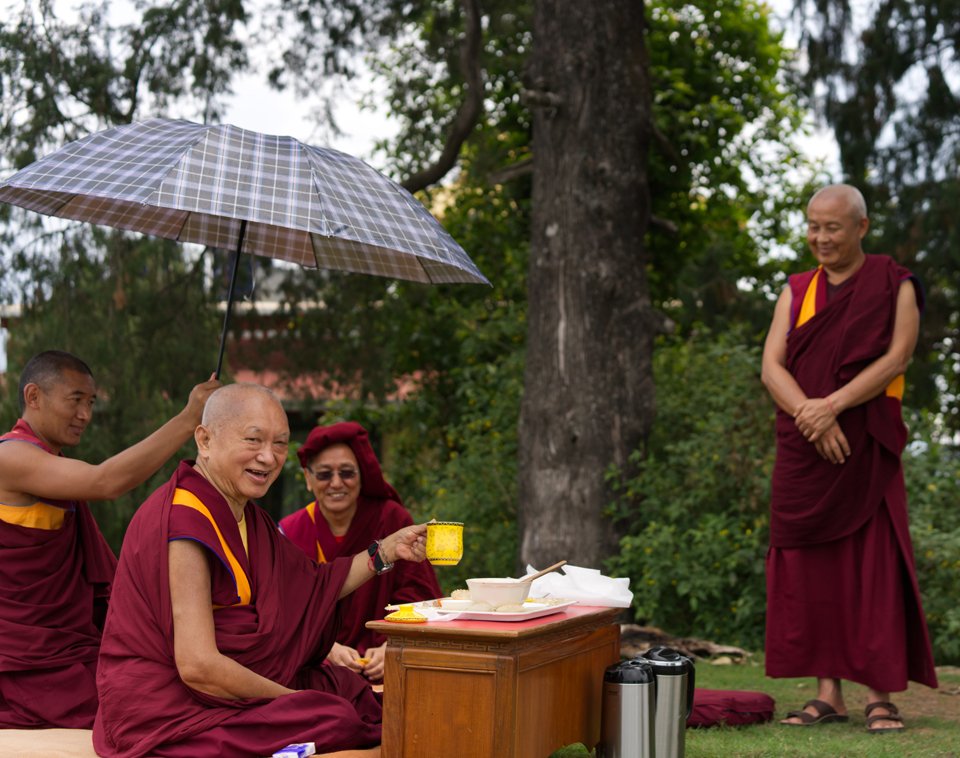 Lama Zopa Rinpoche having tea on Kopan Hill