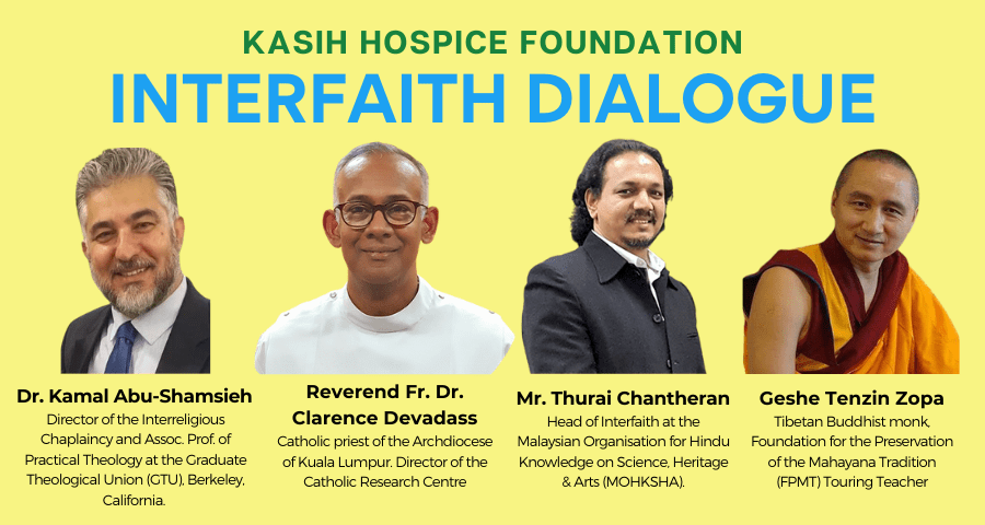 Poster advertising the kasih hospice interfaith dialogue with head shots of each of the speakers and a short bio beneath.