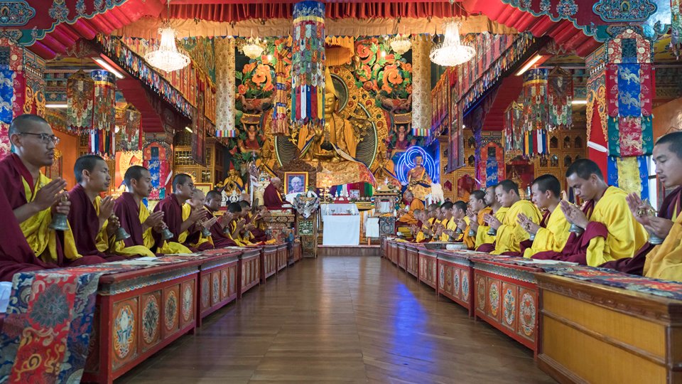 Monks holding dorjes and bells doing puja in Kopan's main gompa