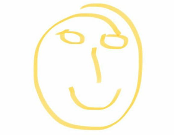 Drawing of a smiling face in bright yellow ink on a white background.