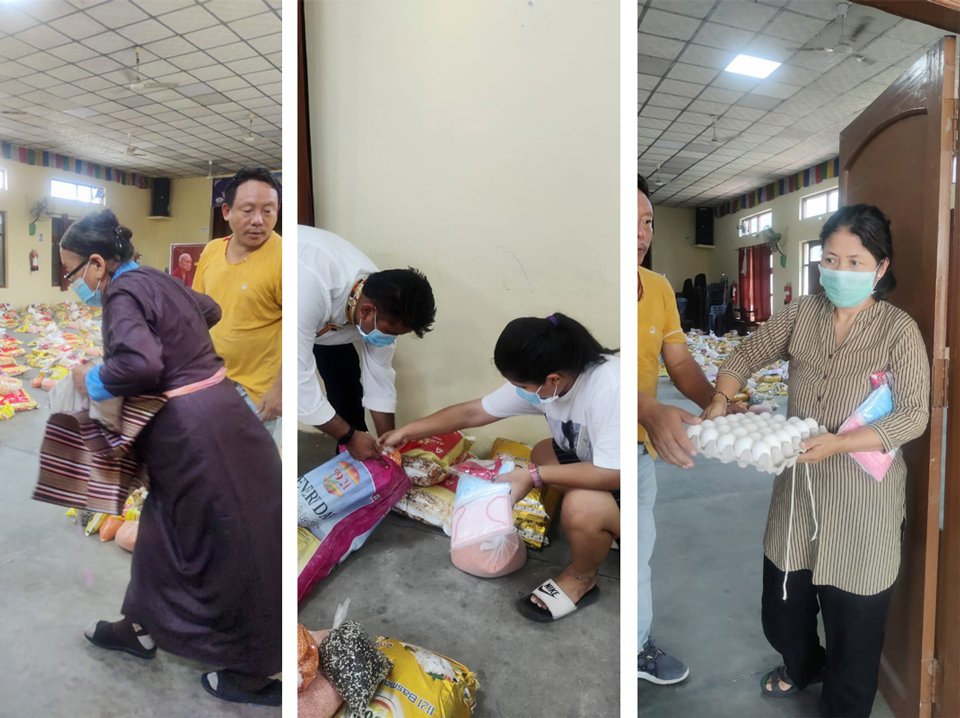 three images of food being distributed to Tibetan refugees of various ages