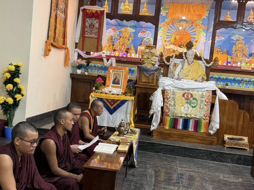Photo: Puja at Sera Je Dhakpo Khangtsen, India, for the 3rd anniversary of Lama Zopa Rinpoche’s parinirvana, April 13, 2026.. Credit: Dhakpo Khamtsen Facebook page.
