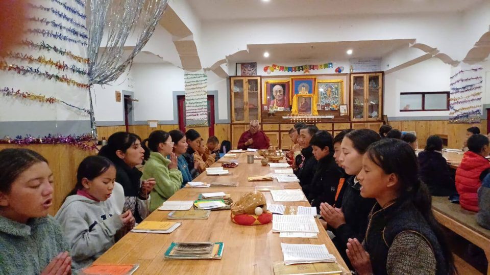 Photo: Community in prayer at Ngari Institute, Ladakh, India, for the 3rd anniversary of Lama Zopa Rinpoche’s parinirvana, April 13, 2026. Credit: Ngari Institute Facebook page.