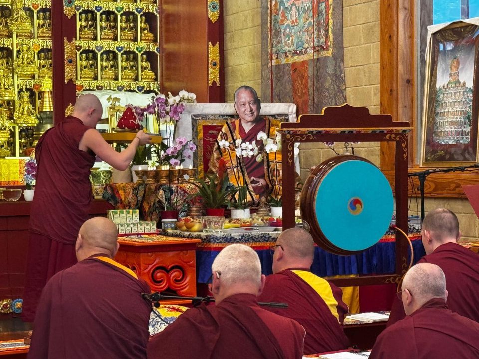 Photo: Guru Puja at Nalanda Monastery, France for the 3rd anniversary of Lama Zopa Rinpoche’s parinirvana, April 13, 2026. Credit: Nalanda Monastery.