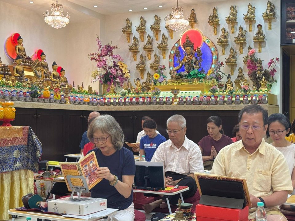Photo:Guru Puja at Chokyi Gyaltsen Center, Penang, Malaysia, for the 3rd anniversary of Lama Zopa Rinpoche’s parinirvana, April 13, 2026.. Credit: Chokyi Gyaltsen Center Facebook page.