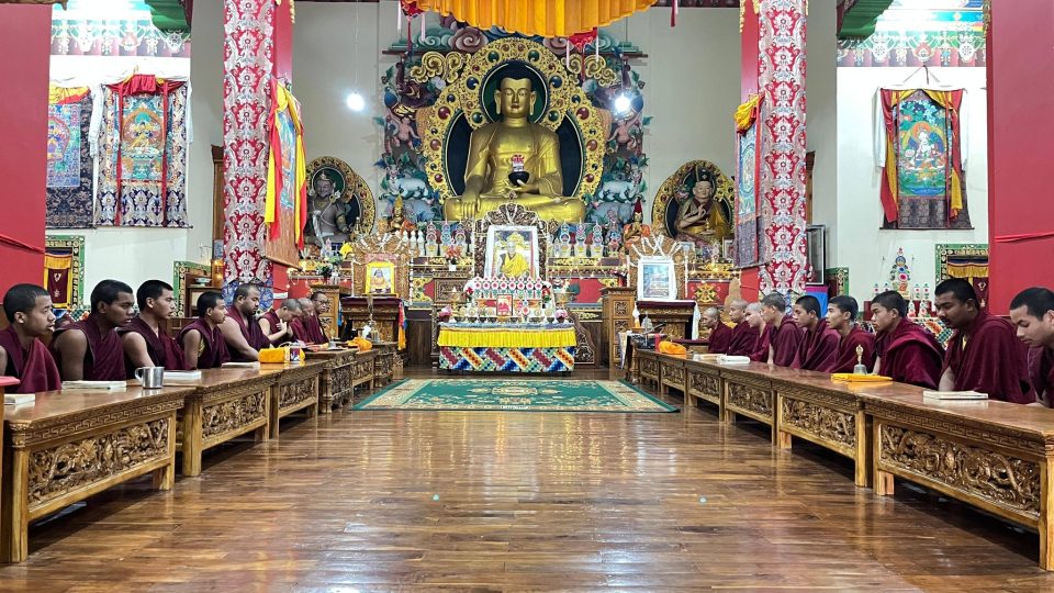 Photo Sangha in prayers at Shalu Monastery India, for the 3rd anniversary of Lama Zopa Rinpoche’s parinirvana, April 13, 2026.. Credit Shalu Monastery Facebook Page