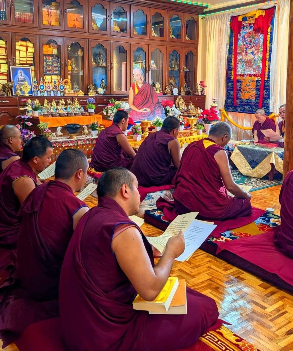 Photo Sangha in prayers at Osel Labrang, Sera Jey, India, for the 3rd anniversary of Lama Zopa Rinpoche’s parinirvana, April 13, 2026.. Credit Osel Labrang Sera Jey Facebook page.