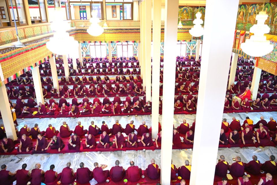 Photo: Assembly at Sera Jey Monastery, India. Credit: Sera Jey Monastery Facebook page.