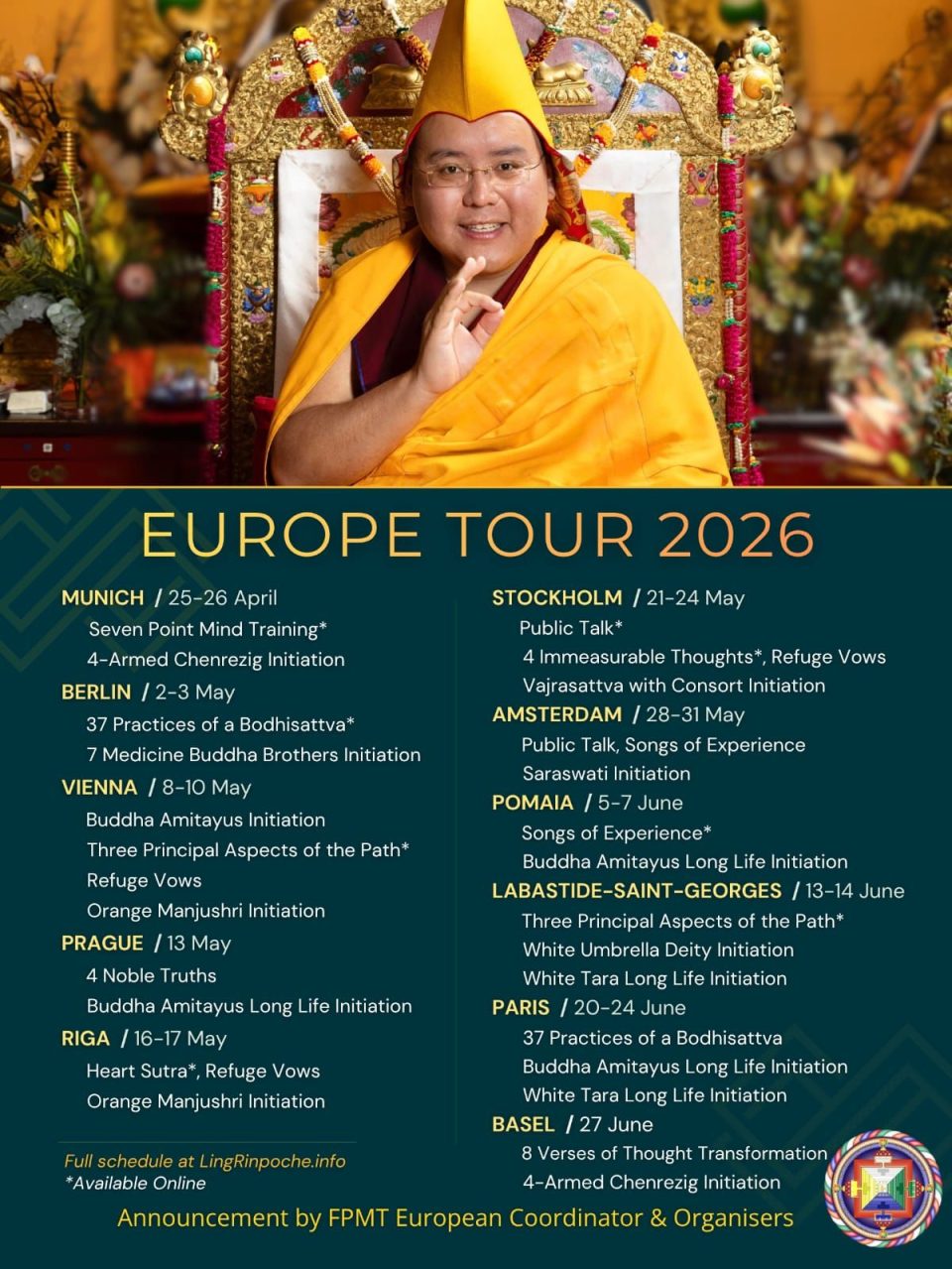 HE Ling Rinpoche, European Tour 2026