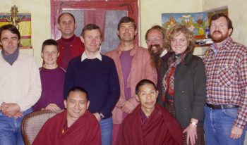 Lama Zopa Rinpoche, Lama Lhundrup, Paul Bourke, Yeshe Khadro, Nick Ribush, Harvey Horrocks, Marcel Bertels, Jacie Keeley, Doren Harper. First FPMT board created by Lama Yeshe (including not in the photo Massimo Corona, Trisha Donnelly, Shan Tate). Kopan 1984 . Photo courtesy Lama Yeshe Wisdom Archive. Big Love p.1121