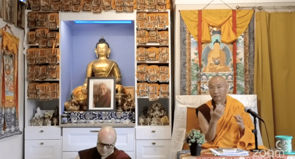 Photo: Teachings at Lama Yeshe Ling. Geshe Sonam offered transmissions of Ganden Lha Gyäma, including Lama Tsongkhapa Migtsema Prayer and Name Mantra, for the 3rd anniversary of Lama Zopa Rinpoche’s parinirvana, April 13, 2026.. Credit: Lama Yeshe Ling Tibetan Group Facebook page.