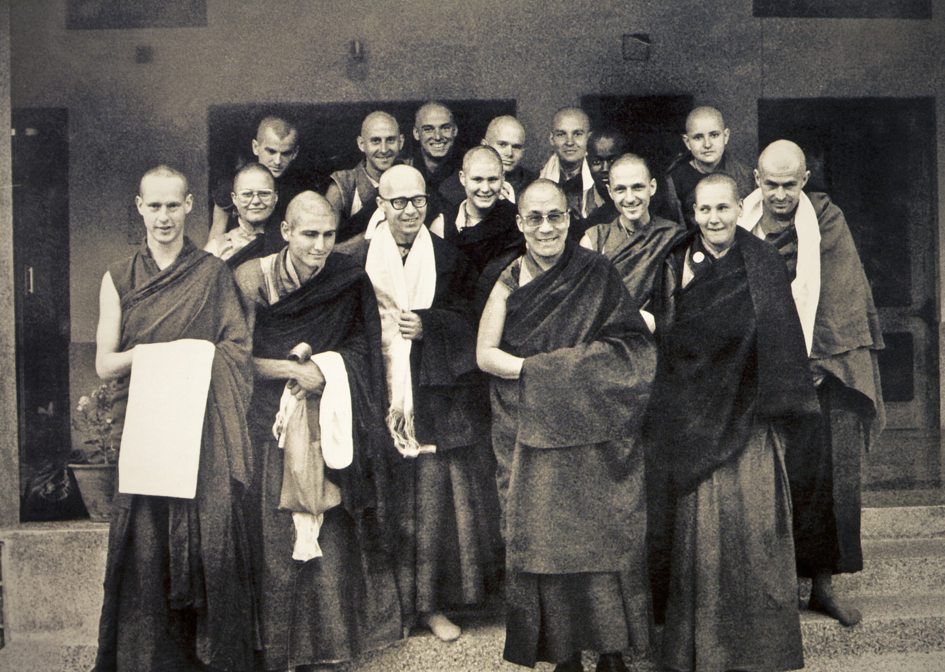 March 1975. Post-ordination with H.H. the Dalai Lama at his residence. Credits: Lama Yeshe Wisdom Archive.