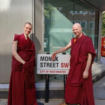 Photo: Venerable Konchok and Geshe Tenzin Namdak in London. Credits Jamyang London Buddhist Centre