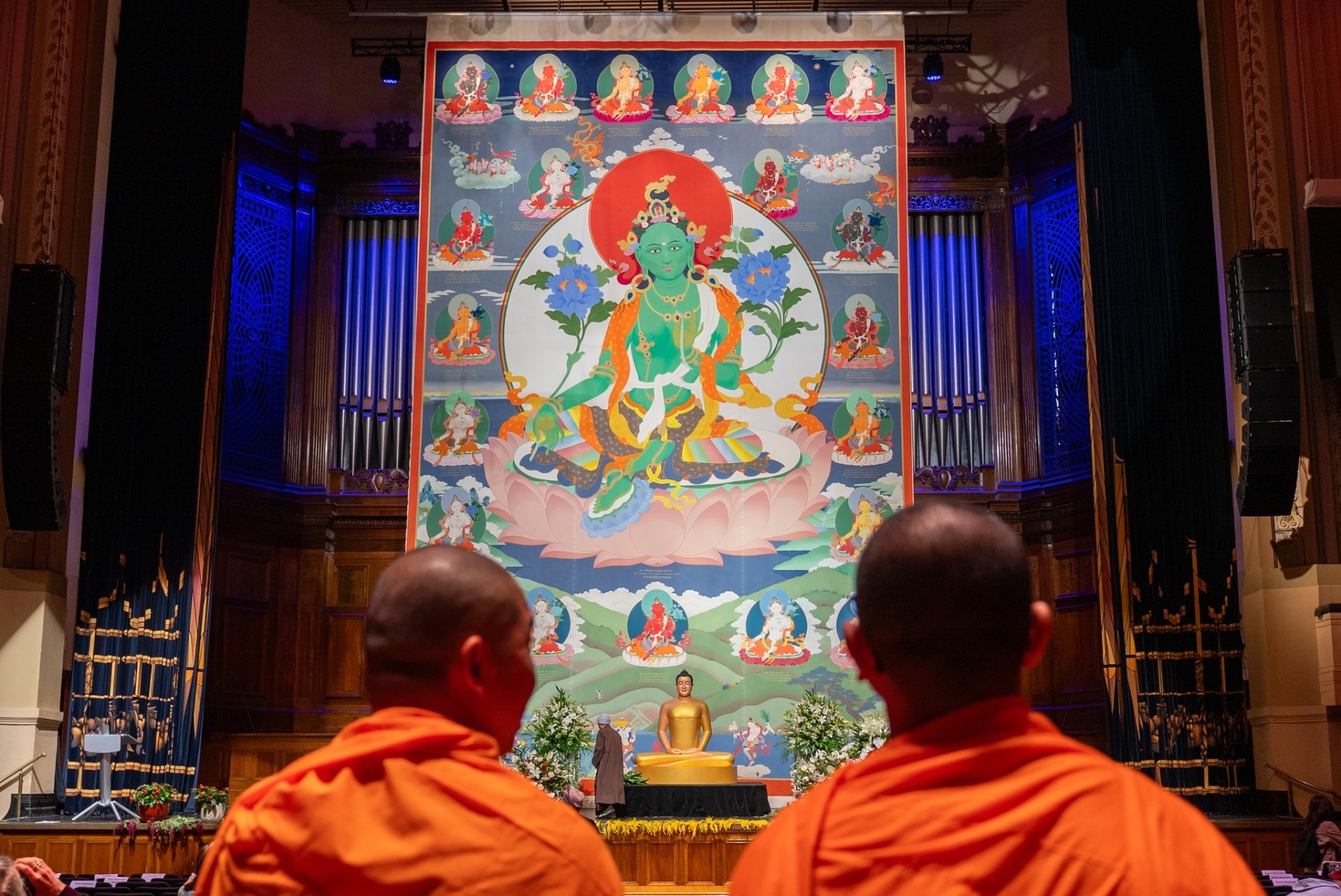 Twenty-One Taras on display at the Melbourne Town Hall by Tara Institute, May 2026. Credits 21 Taras Thangka Exhibition's Facebook Page