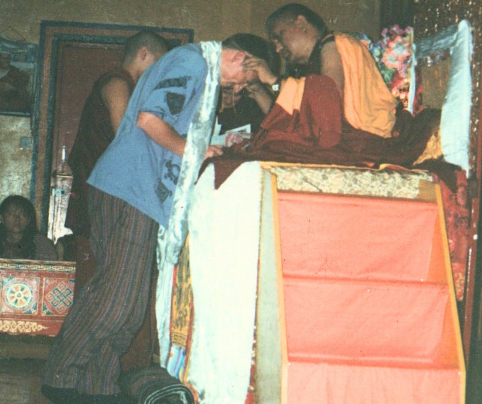 Photo: refuge ceremony, Lama Zopa Rinpoche with Ruediger Knie, Kopan 1997. Photo courtesy of Ruediger Knie