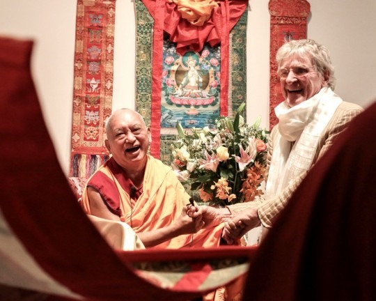 Lama Zopa Rinpoche with Prof. Robert Thurman viewing a Green Tara thangka offered by Shantideva Meditation Center to Tibet House, New York, August 2015. Photo by Edward Sczudlo. Lama Zopa Rinpoche