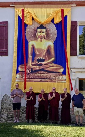 The large printed thangka at Nalanda Monastery, 2026. Photo courtesy of Amitabha Buddhist Center Facebook page.