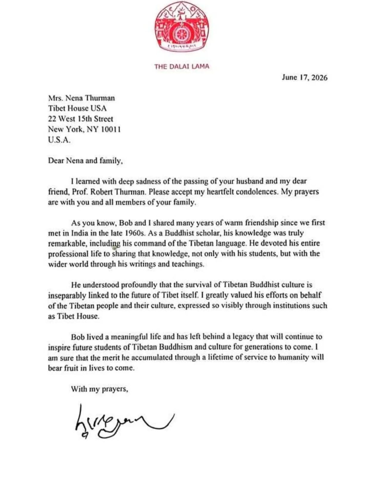 Dalai Lama's tribute to Robert A.F. Thurman, June 16, 2026