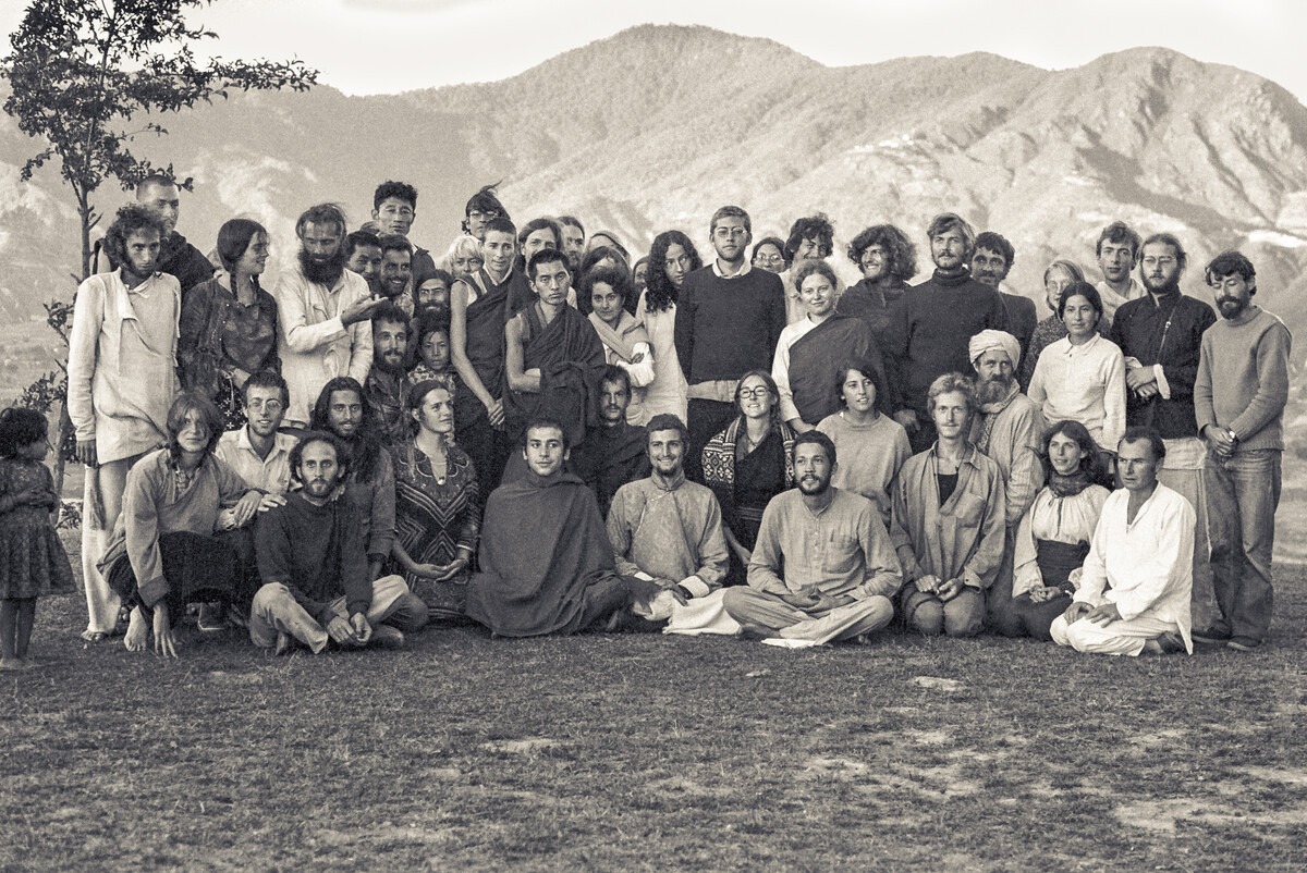 Third Kopan Meditation Course, December, 1972
Some of those sitting in the front row include: Carol Corona, Massimo Corona, Nick Ribush, Claudio Cipullo, Steve (Malasky) Pearl, Piero Cerri, Lolly Smith, David Borrie, Darlene Darata, Åge Delbanco (Babaji), Paula deWys. Some of those standing include: Ngawang Khedup (Ron Brooks), Chris Vautier, Losang Nyima, Losang Phagpa (the cook), Anila Ann McNeil, Lama Zopa Rinpoche, Jamyang Wangmo (Helly Pelaez, Jampa Chökyi), Shan Cooper, Luca Corona, Nicole Kedge (Couture), Ani Zamba (Suzanne Lee), Marcel Bertels, Dieter Gewissler, Barbara Vautier, Peter Kedge.
Nepal. Photo Credit Lama Yeshe Wisdom Archive