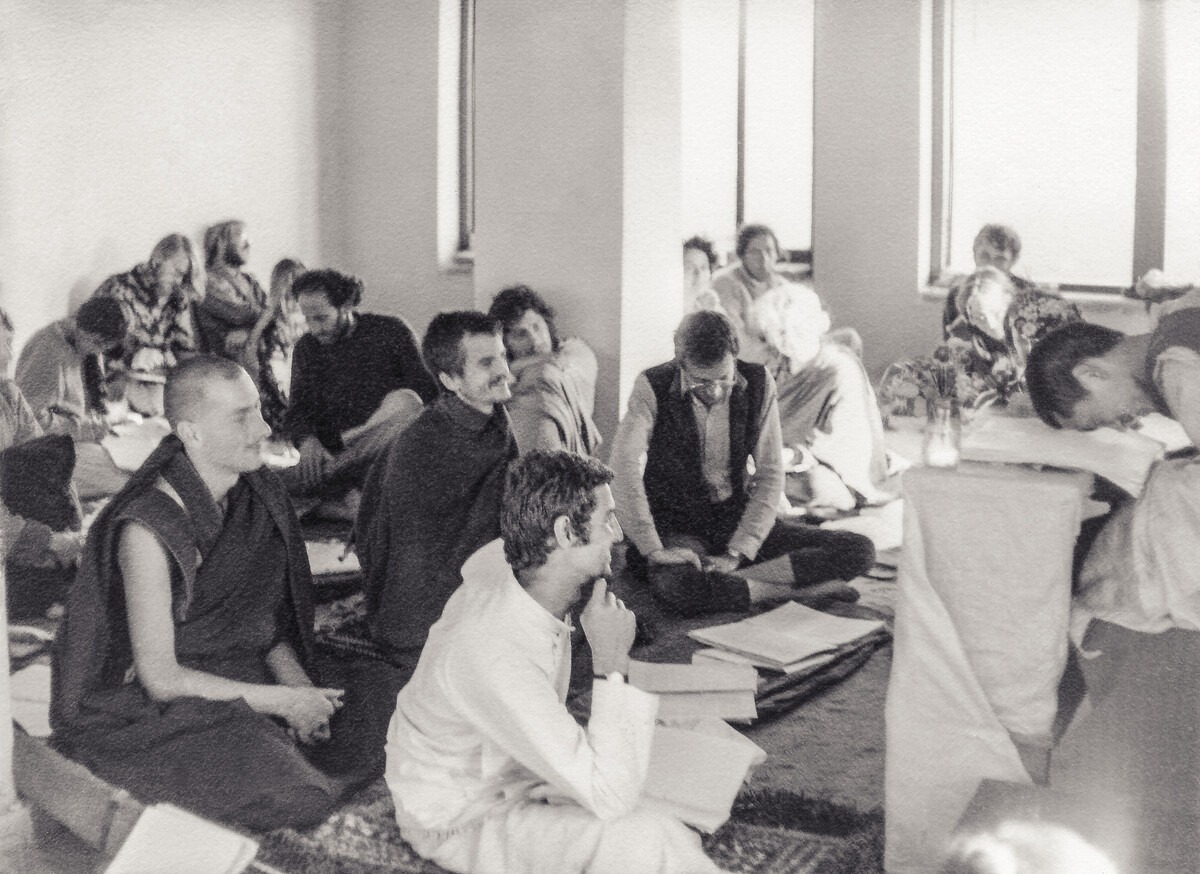 Third Kopan Meditation course, fall, 1972. Photo includes Lama Zopa Rinpoche, Piero Cerri, Steve Malasky (Steve Pearl), Nick Ribush, and Massimo Corona.