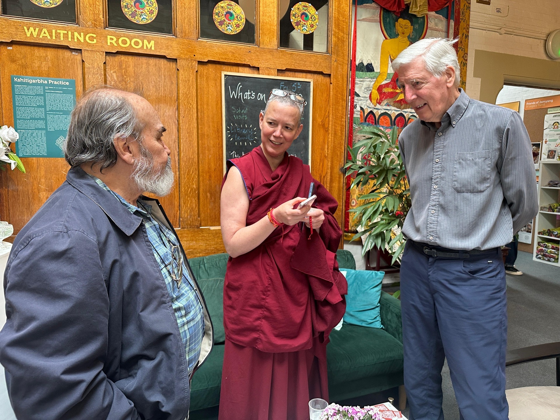 Ven. Drolma, JBC executive director, with Miguel Espinosa, JBC carpenter and artist, and Robin Bath JBC trustee. Photo by JBC London. 