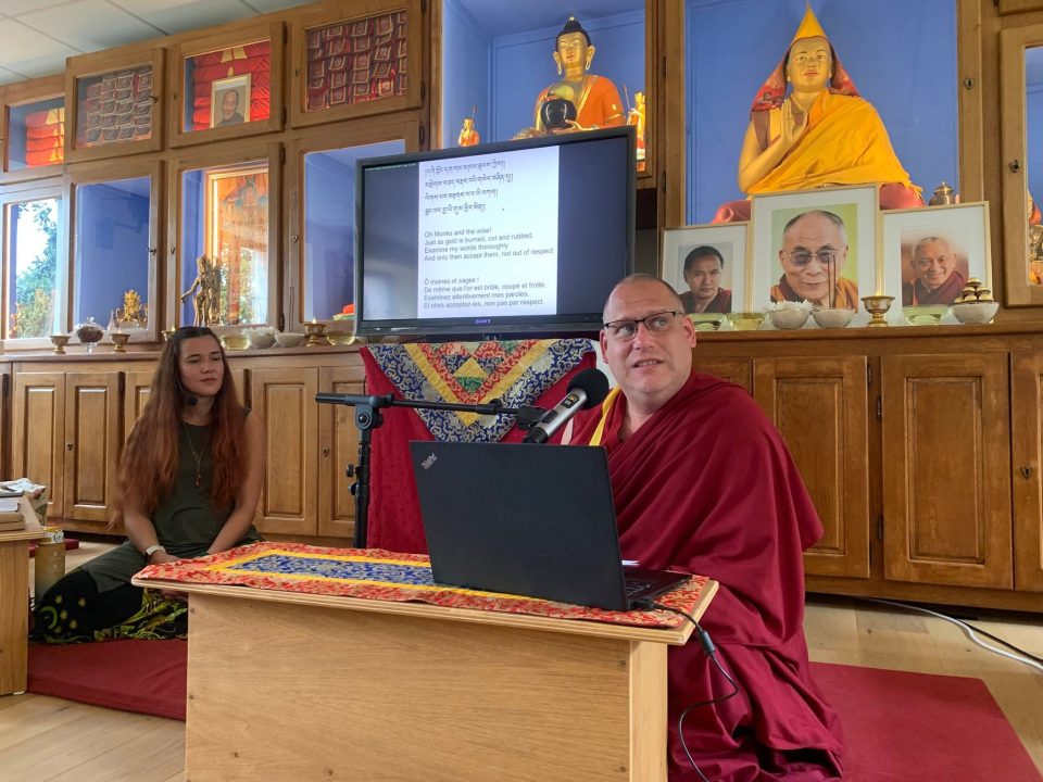 “Dialogue Between Science and Buddhism” on “The Nature of Life” with Geshe Tenzin Norbu and Dr. Joana Xavier at Nalanda Monastery, France, May 9, 2026. Photo courtesy of Nalanda Monastery’s Facebook Page