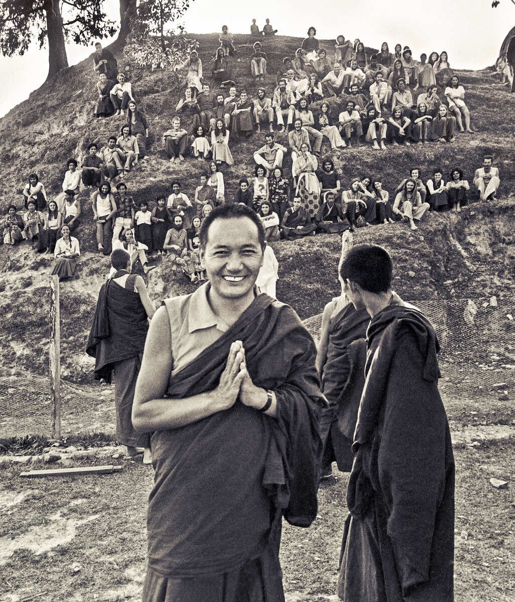 Lama Yeshe in group photos from the Fourth Meditation Course, Kopan Monastery, Nepal 1973, Photographer Brian Beresford, Photo credits by LYWA
