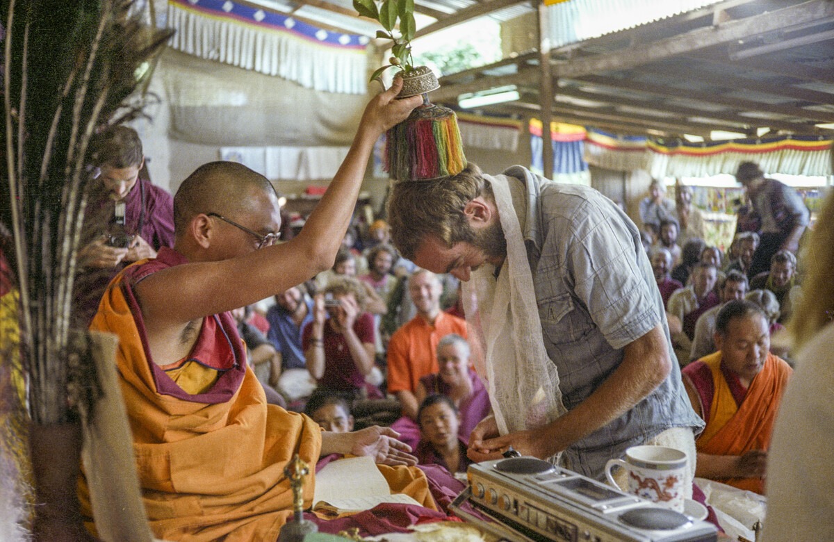 Lama Zopa Rinpoche and Lama Yeshe during a wedding blessing at the 12th Meditation Course, 1979, Kathmandu, Kopan Monastery, Nepal. Photo by Ina Van Delden. Photo courtesy LYWA
