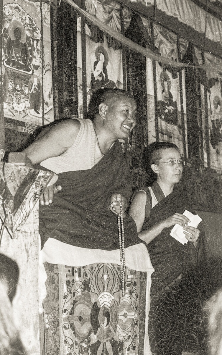 Lama Yeshe and ANi Karin at the 11th Meditation course, 1978, Kathmandu, Kopan Monastery, Nepal. Photo Credit Lama Yeshe Wisdom Archive