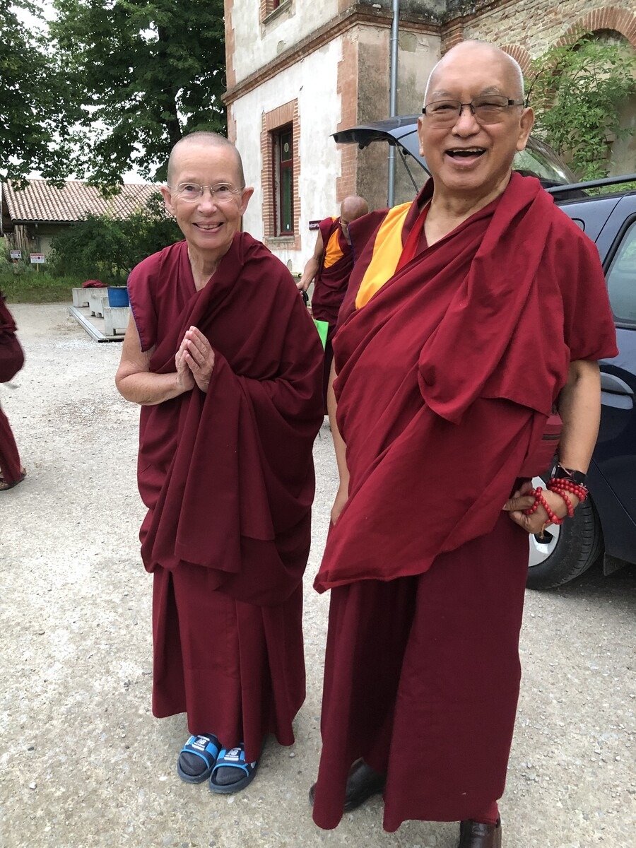 Lama Zopa Rinpoche and Ani Karin Valham, at Insitut Vajra Yogini , France 2019. Photo by Ven. Roger Kunsang.