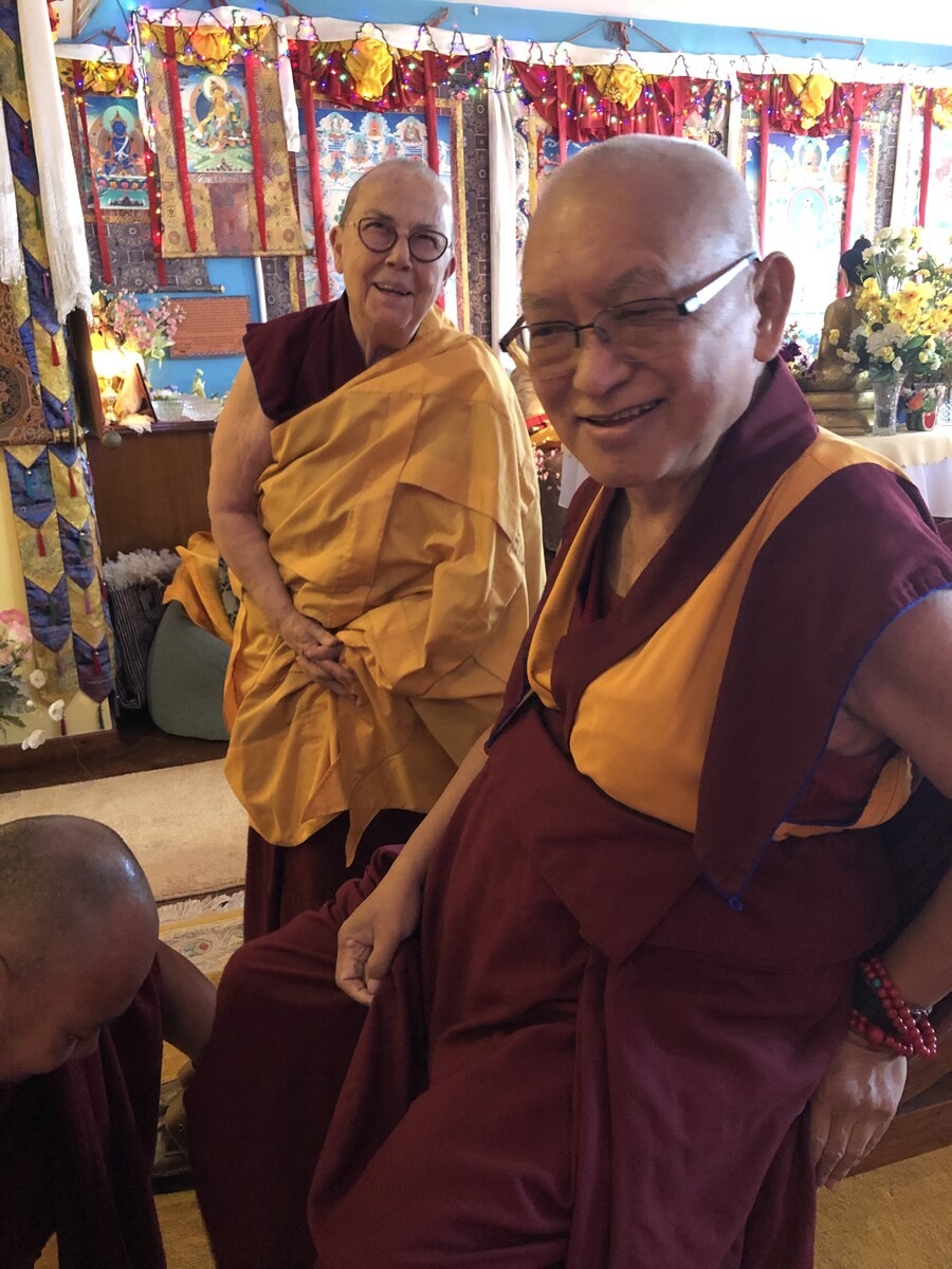 Lama Zopa Rinpoche and Ven. Robina Courtin. Kopan Monastery, Nepal, 2019. Photo by Ven. Roger Kunsang