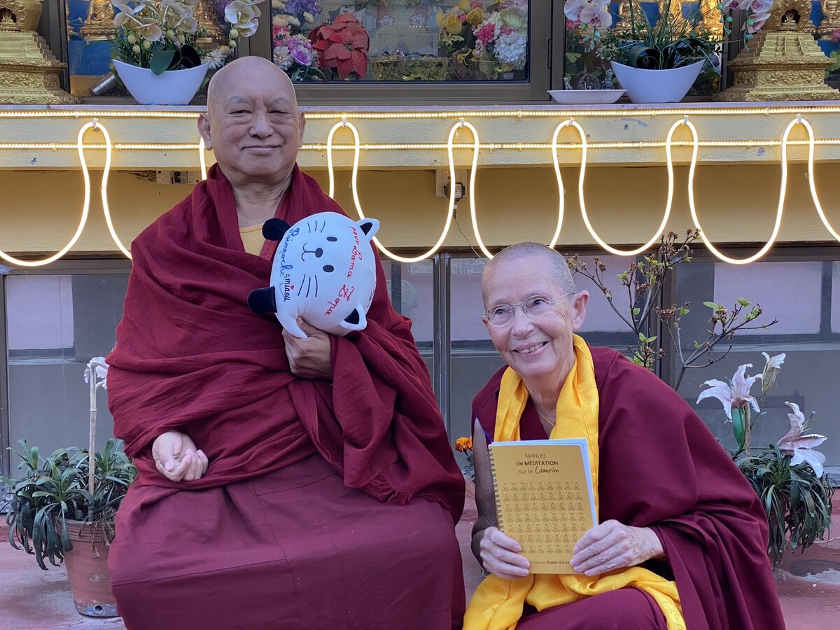 Rinpoche with Ani.Karin with French translation of her book on lam rim, Nepal 2021. Photo by Ven. Roger Kunsang