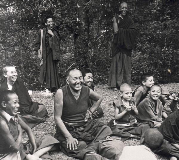Lama Yeshe with Ven. Karin Valham, Lama Lhundrup, Lama Pasang and Kopan monks at a picnic in Bhalaju, Kathmandu Valley, 1976. Photo courtesy of Ven. Karin Valham.