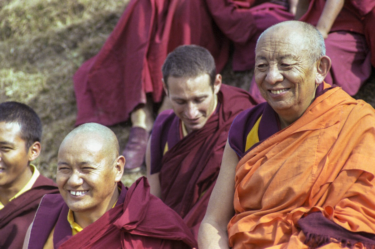 Lama Yeshe, Tsenshab Serkong Rinpoche, and Scott Brusso at the 10th Meditation Course at Kopan Monastery in 1977. Photo by Jan-Paul Kool. Courtesy of LYWA.