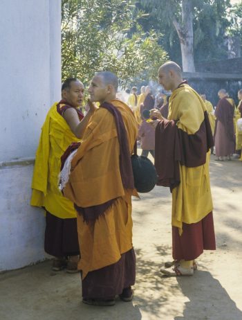 Lama Yeshe with Scott Brusso and Piero Cerri in Bodhgaya, India, during the First Enlightened Experience course in 1982. Photo by Ina Van Delden. Courtesy of LYWA.