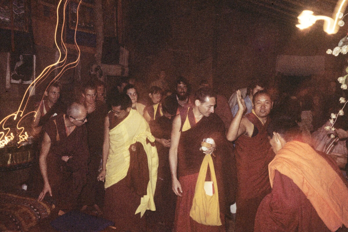 Lama Zopa Rinpoche, Lama Yeshe and Scott Brusso, 9th Meditation Course, Kopan, 1976. Photo courtesy LYWA.