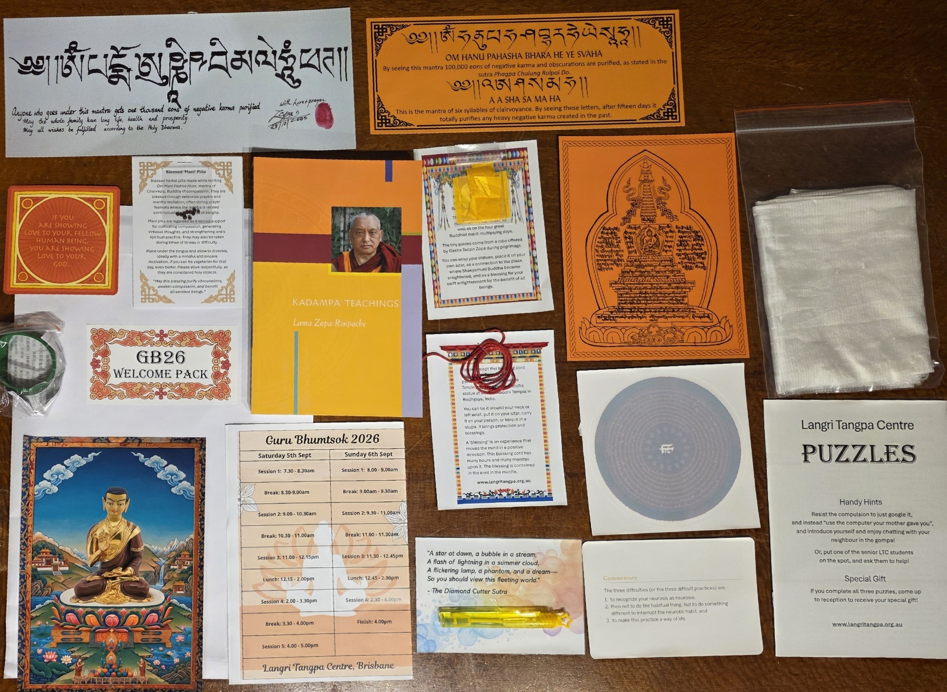 Dharma goodie bag contents for the Guru Bumtsog practice, September 2026, Langri Tangpa Centre, Australia. Photo courtesy of LTC.