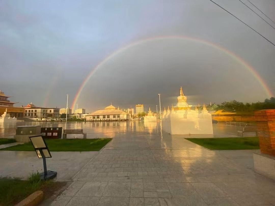 An auspicious double rainbow during the 100 Million Mani Retreat in Mongolia, August 2026.