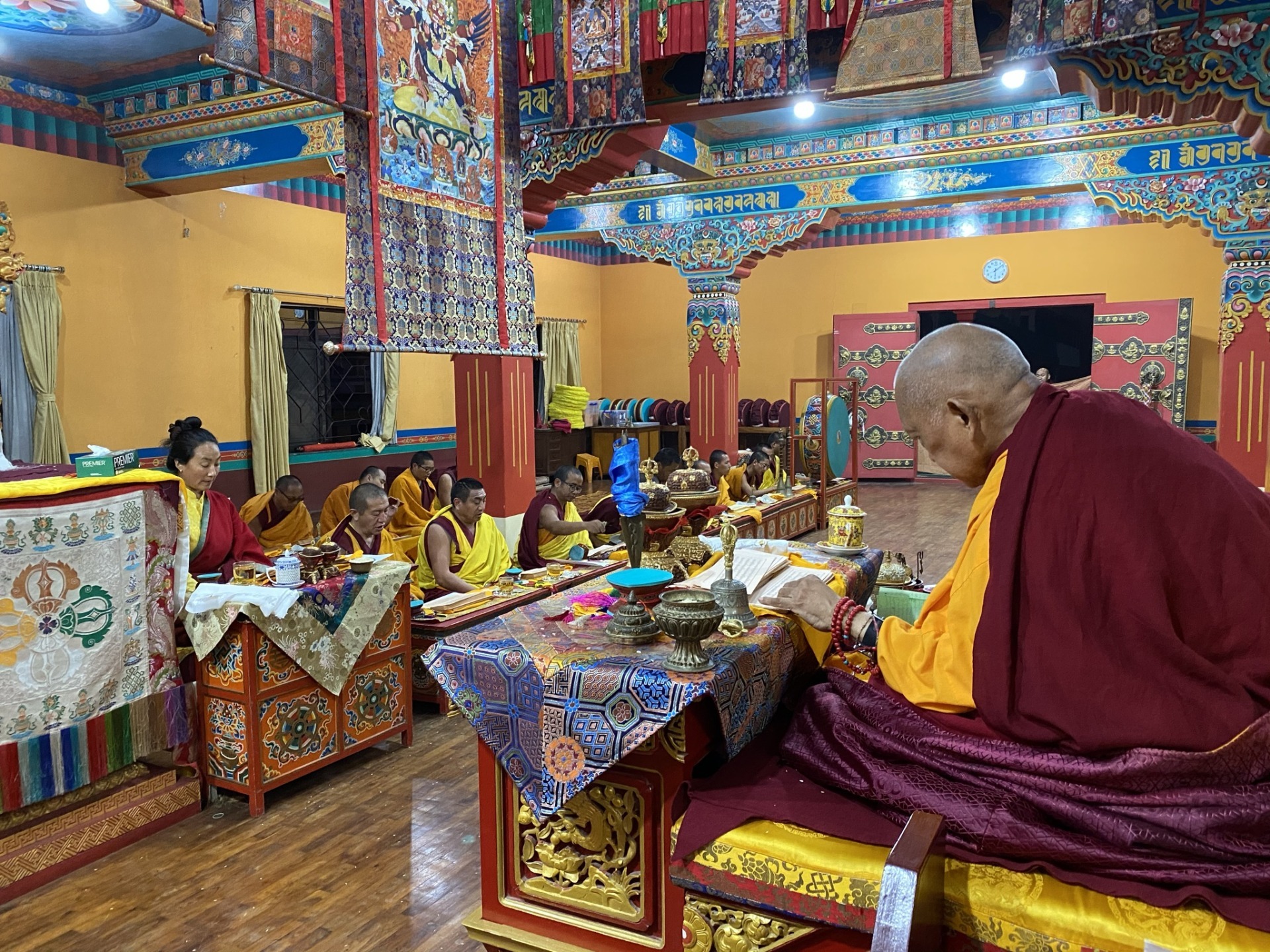 Lama Zopa Rinpoche, Khandro Tsering Kunga Bum-ma (Khadro la) and Kopan senior monks offering all day Most Secret Hayagriva Tsog Kong (extensive tsog offering) in Lama Gyupa Gompa at Kopan Monastery, Nepal, January 2021.