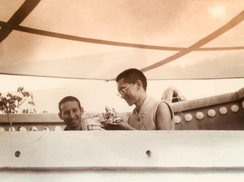 Lama Zopa Rinpoche with Scott Brusso on the roof of the old Gompa, Kopan. Photo courtesy of Scott Brusso.