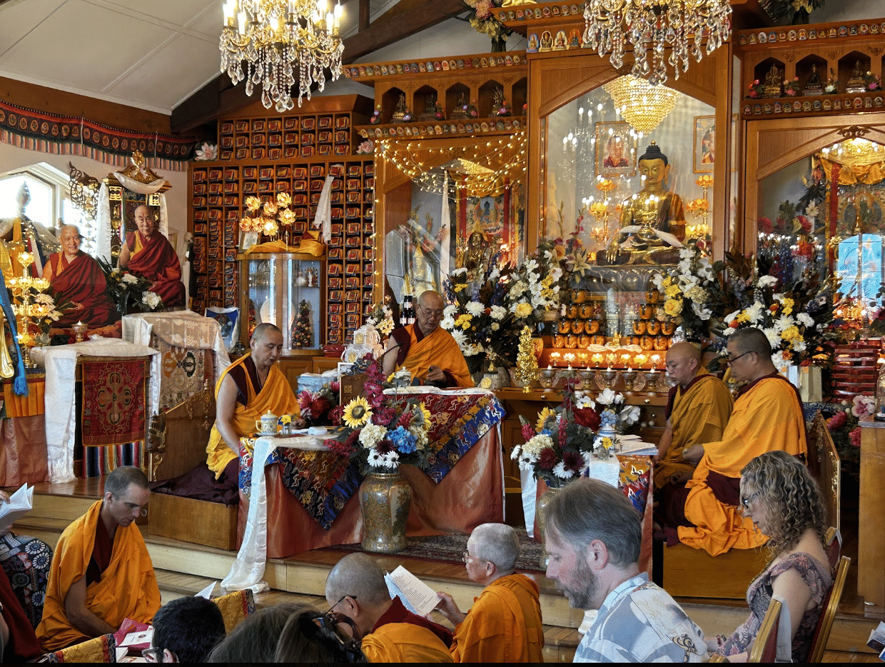 Geshe Rabten from Atisha Centre, Geshe Tsultrim from Chenrezig Institute, Geshe Choden from the Tibetan community and Geshe Tenzin Zopa for the Guru Bumtsog practice, September 2026, Langri Tangpa Centre, Australia. Photo courtesy of LTC.