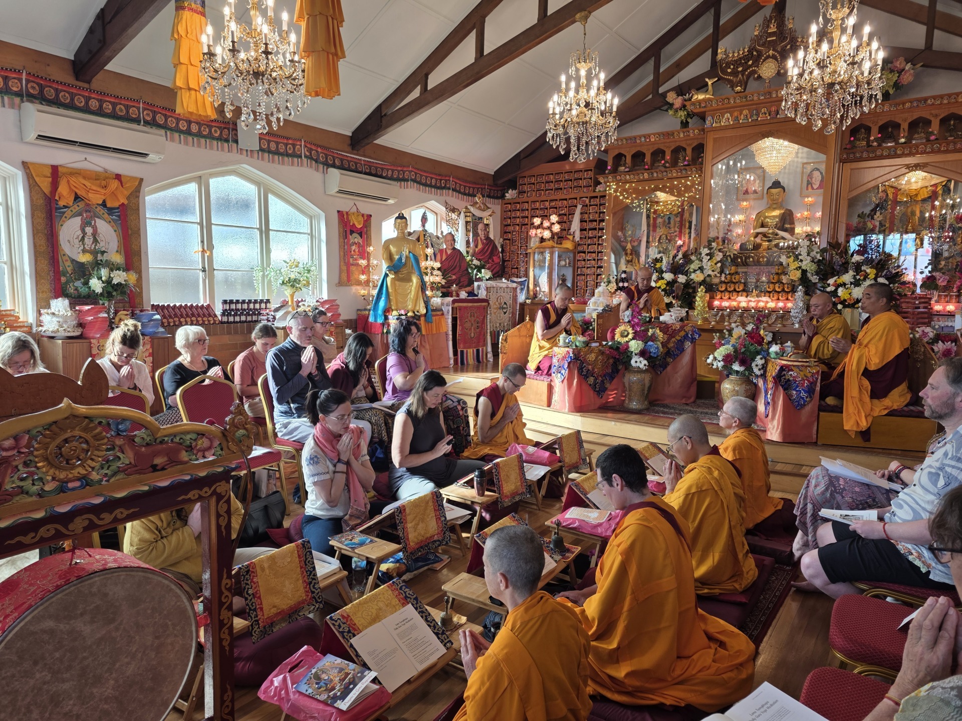 Gompa with drums prepared for the Guru Bumtsog practice, September 2026, Langri Tangpa Centre, Australia. Photo courtesy of LTC.