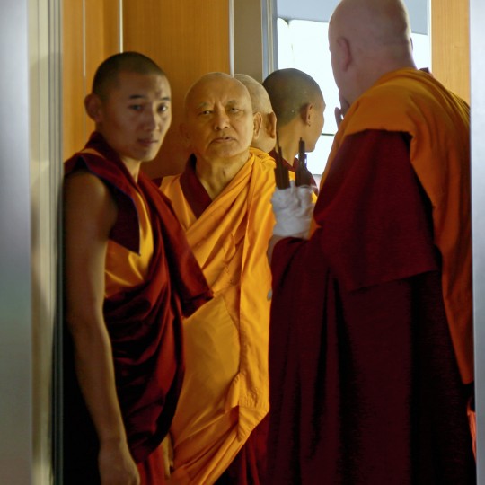 Lama Zopa Rinpoche in elevator at lam-rim retreat in Mexico, September 2015. Photo by Ven. Thubten Kunsang.