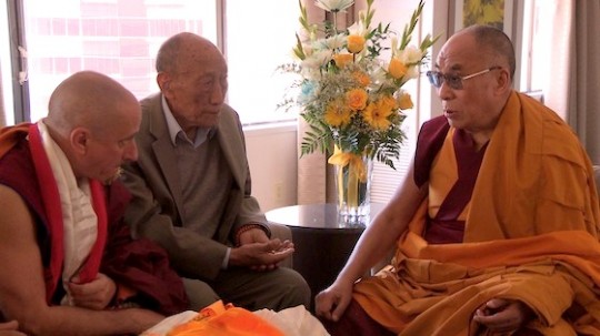 Nicholas Vreeland, Khyongla Rinpoche and His Holiness the Dalai Lama, Long Beach, California, US, April 2012. Photo courtesy of Kino Lorber, Inc.